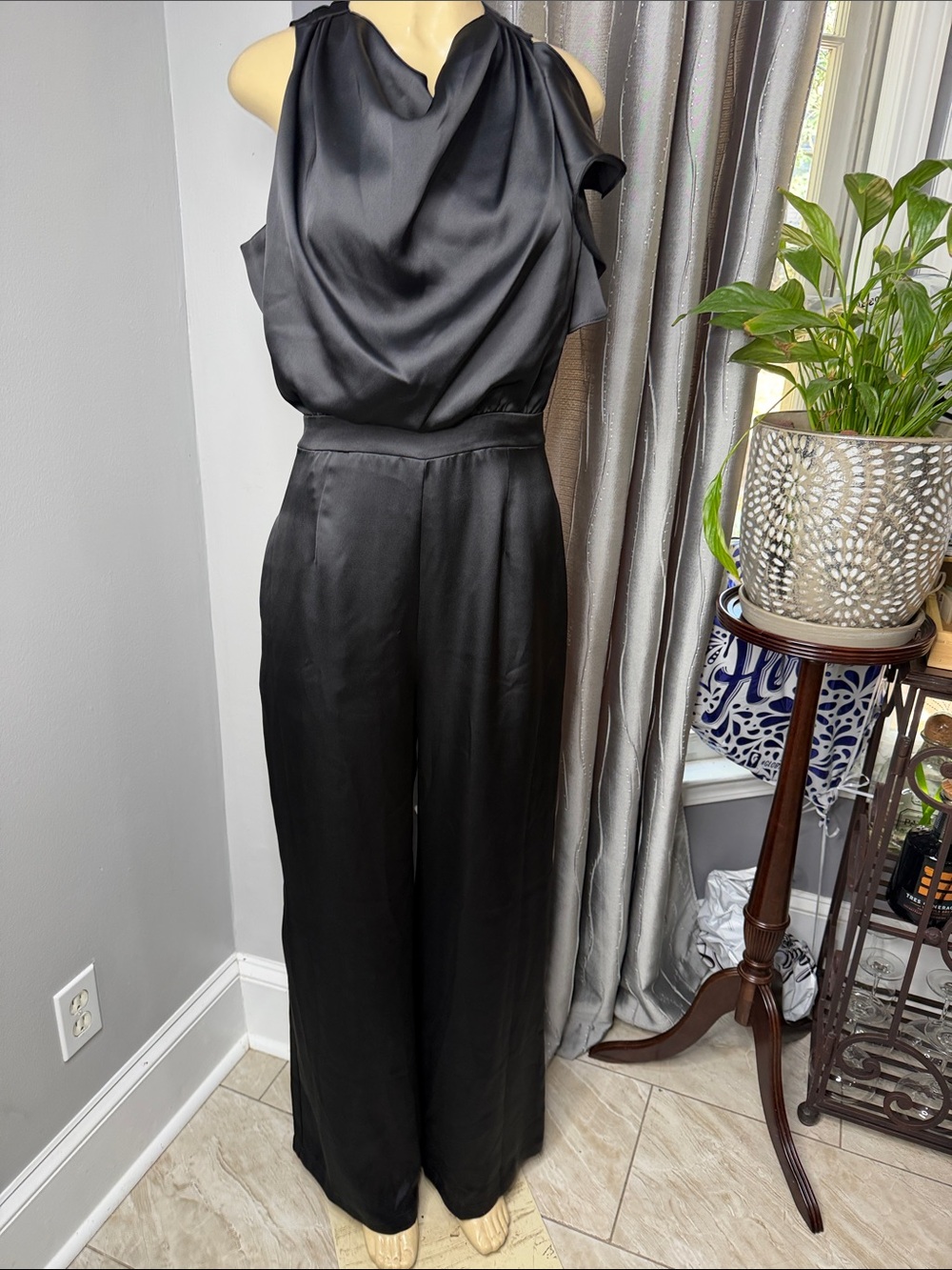 INC International Concepts Black Satin Draped Jumpsuit Women’s Sz 8 Super Formal